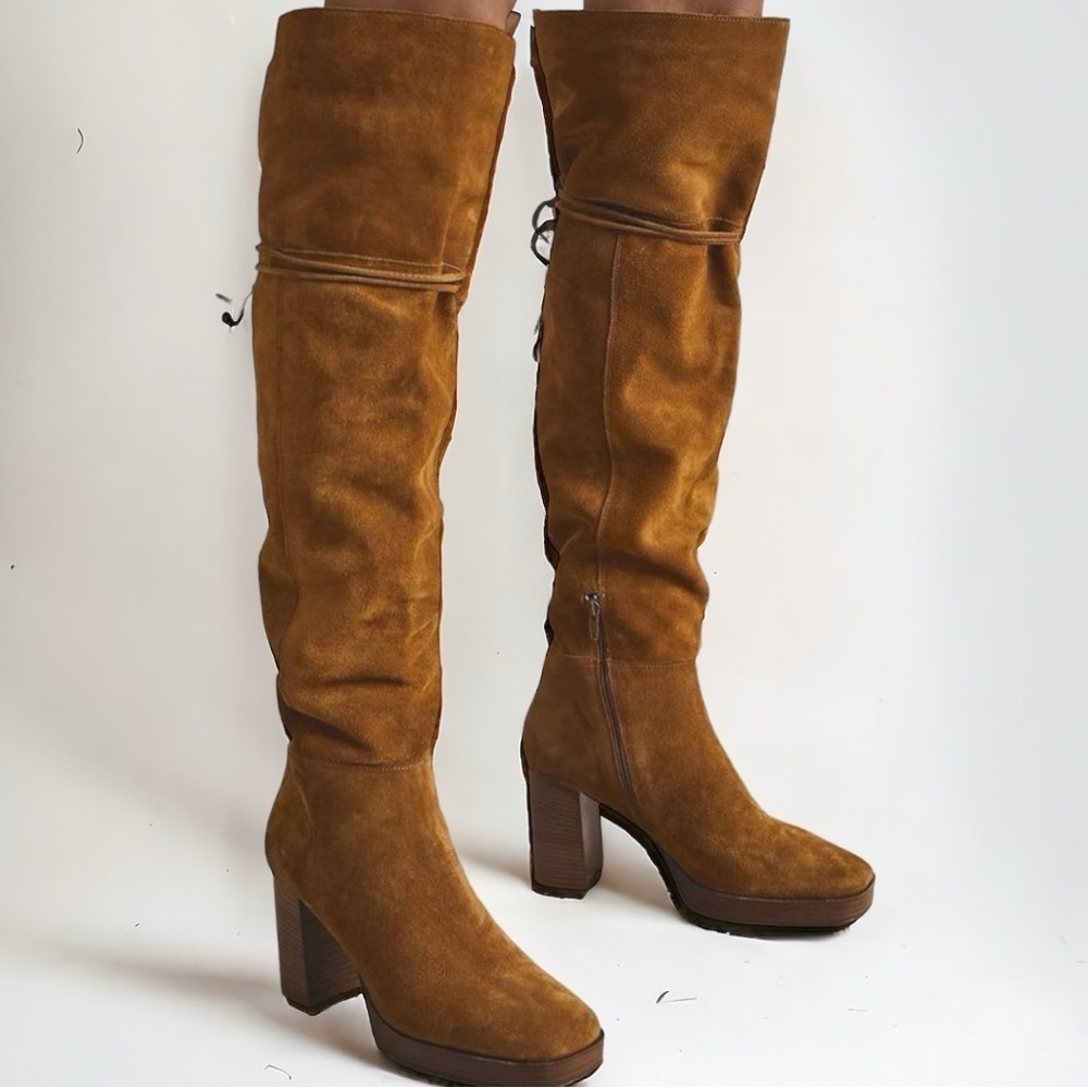 NWT FREE PEOPLE Suede Echo Platform Over The Knee Boots in Cognac